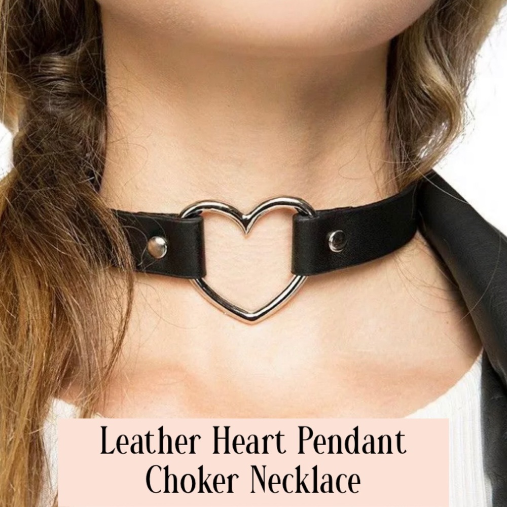 Steel Heart Pendant Leather Belt Choker Necklace
